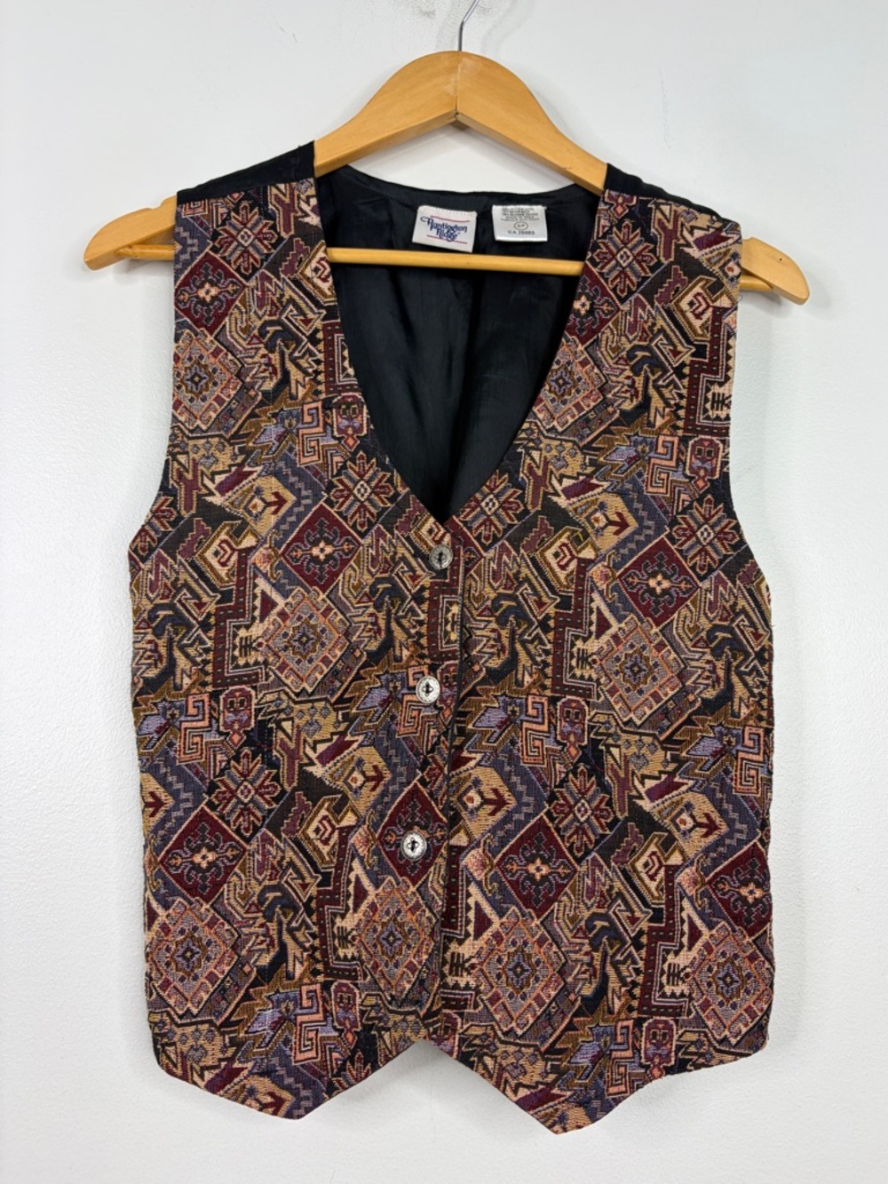 Vintage Tapestry Vest Womens Small Brown Beige Blue Patchwork Ikat 90s Mom